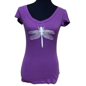 Hand Printed Upcycled Small Dragonfly Short Sleeve V-Neck 100% Cotton Tee